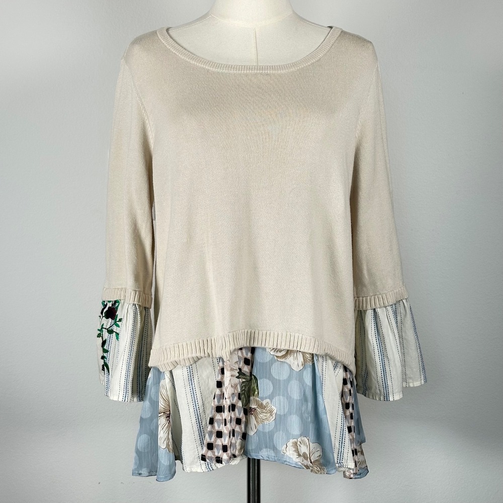 JOHN MARK Women's Top Mixed Media Floral Ruffle Hem Ivory Blue L Boho Lagenlook